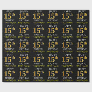 Zwart, Faux Gold "HAPPY 15th BIRTHDAY" Cadeaupapier