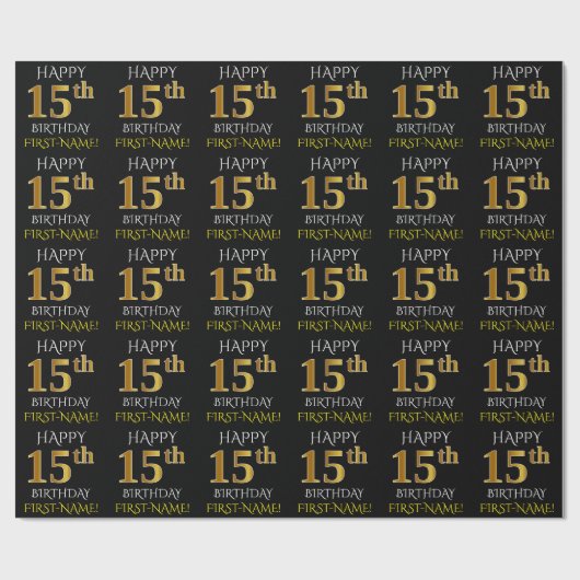 Zwart, Faux Gold "HAPPY 15th BIRTHDAY" Cadeaupapier (Vlak)