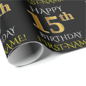 Zwart, Faux Gold "HAPPY 15th BIRTHDAY" Cadeaupapier (Rol Hoek)