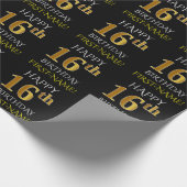 Zwart, Faux Gold "HAPPY 16th BIRTHDAY" Cadeaupapier (Hoek)