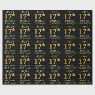 Zwart, Faux Gold "HAPPY 17th BIRTHDAY" Cadeaupapier