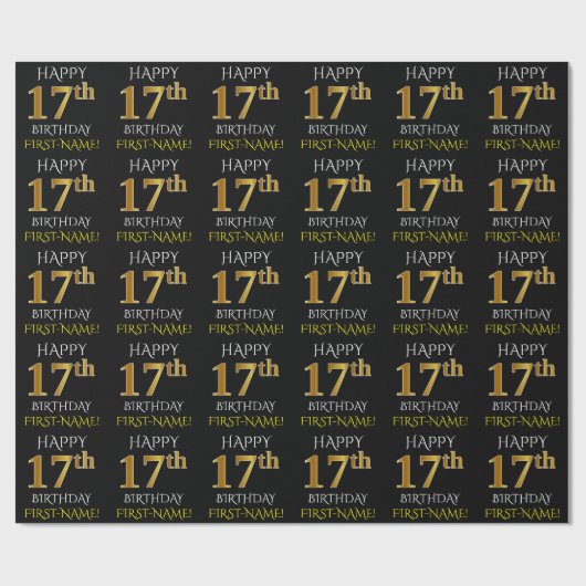 Zwart, Faux Gold "HAPPY 17th BIRTHDAY" Cadeaupapier (Vlak)