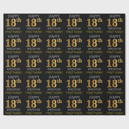 Zwart, Faux Gold "HAPPY 18th BIRTHDAY" Cadeaupapier (Vlak)