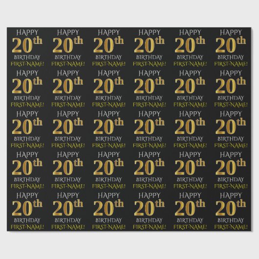 Zwart, Faux Gold "HAPPY 20th BIRTHDAY" Cadeaupapier (Vlak)
