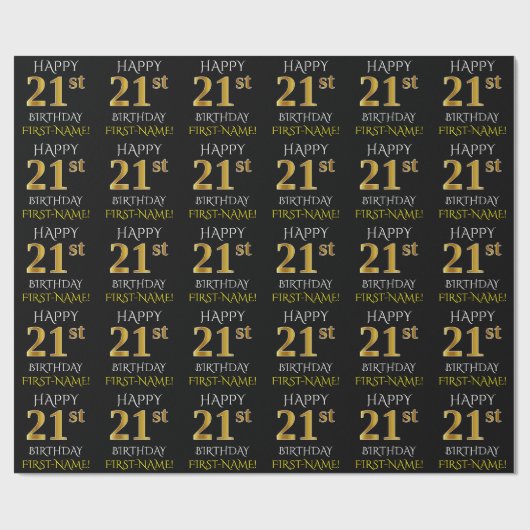 Zwart, Faux Gold "HAPPY 21st BIRTHDAY" Cadeaupapier (Vlak)