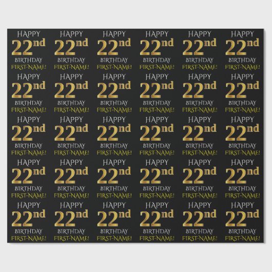 Zwart, Faux Gold "HAPPY 22nd BIRTHDAY" Cadeaupapier (Vlak)