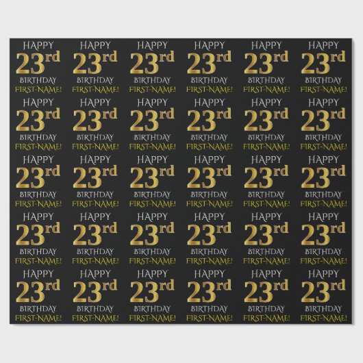 Zwart, Faux Gold "HAPPY 23rd BIRTHDAY" Cadeaupapier (Vlak)
