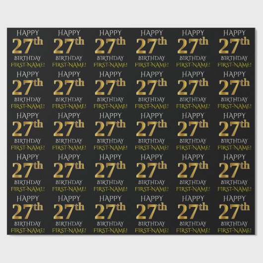 Zwart, Faux Gold "HAPPY 27th BIRTHDAY" Cadeaupapier (Vlak)