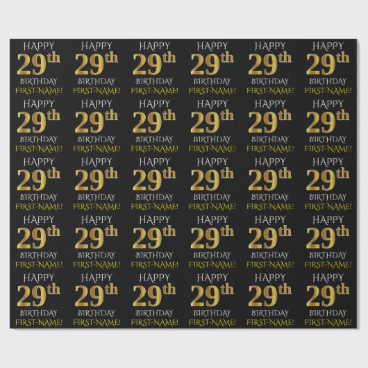 Zwart, Faux Gold "HAPPY 29th BIRTHDAY" Cadeaupapier (Vlak)
