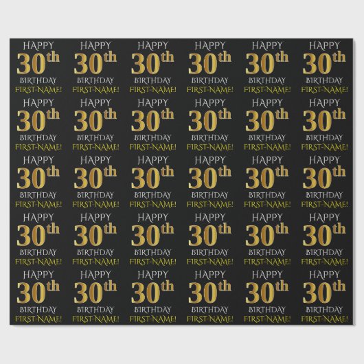 Zwart, Faux Gold "HAPPY 30th BIRTHDAY" Cadeaupapier (Vlak)
