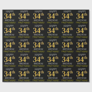 Zwart, Faux Gold "HAPPY 34th BIRTHDAY" Cadeaupapier