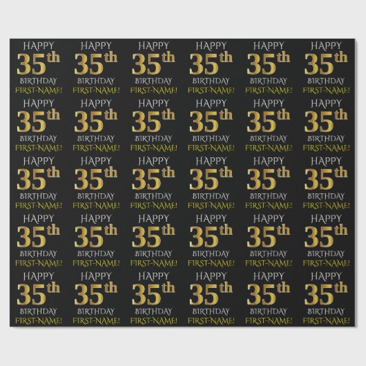 Zwart, Faux Gold "HAPPY 35th BIRTHDAY" Cadeaupapier (Vlak)