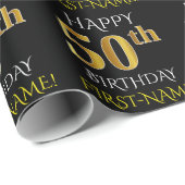 Zwart, Faux Gold "HAPPY 50th BIRTHDAY" Cadeaupapier (Rol Hoek)