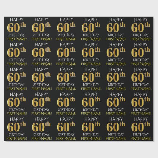 Zwart, Faux Gold "HAPPY 60th BIRTHDAY" Cadeaupapier (Vlak)