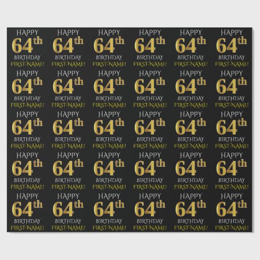 Zwart, Faux Gold "HAPPY 64th BIRTHDAY" Cadeaupapier (Vlak)