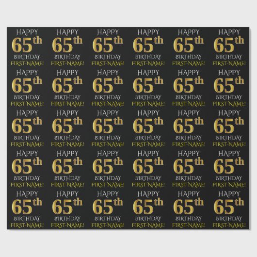 Zwart, Faux Gold "HAPPY 65th BIRTHDAY" Cadeaupapier (Vlak)