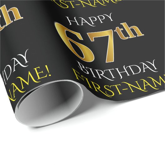 Zwart, Faux Gold "HAPPY 67th BIRTHDAY" Cadeaupapier (Rol Hoek)