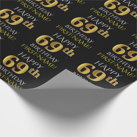 Zwart, Faux Gold "HAPPY 69th BIRTHDAY" Cadeaupapier (Hoek)