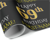 Zwart, Faux Gold "HAPPY 69th BIRTHDAY" Cadeaupapier (Rol Hoek)