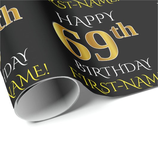 Zwart, Faux Gold "HAPPY 69th BIRTHDAY" Cadeaupapier (Rol Hoek)