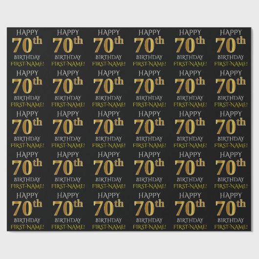 Zwart, Faux Gold "HAPPY 70th BIRTHDAY" Cadeaupapier (Vlak)