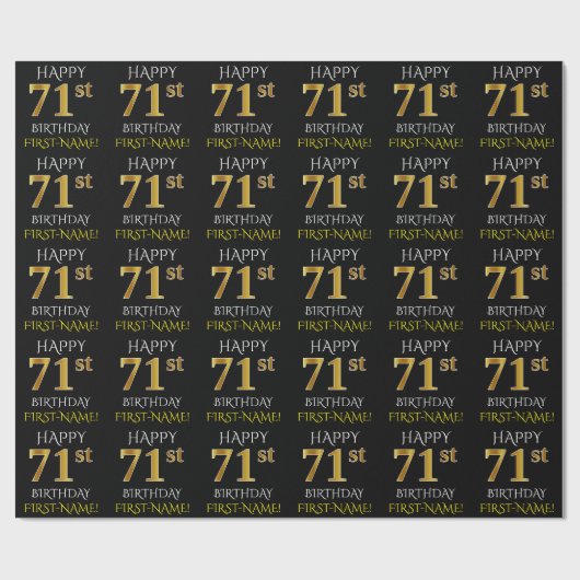 Zwart, Faux Gold "HAPPY 71st BIRTHDAY" Cadeaupapier (Vlak)