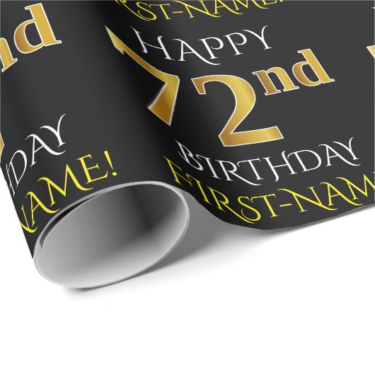Zwart, Faux Gold "HAPPY 72nd BIRTHDAY" Cadeaupapier (Rol Hoek)