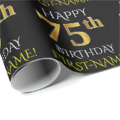 Zwart, Faux Gold "HAPPY 75th BIRTHDAY" Cadeaupapier (Rol Hoek)