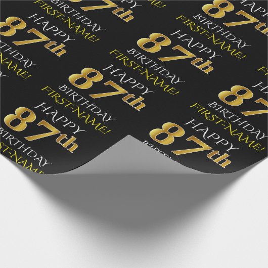 Zwart, Faux Gold "HAPPY 87th BIRTHDAY" Cadeaupapier (Hoek)