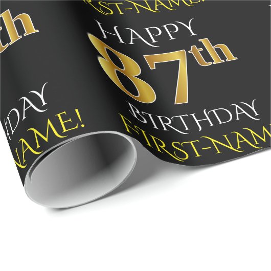 Zwart, Faux Gold "HAPPY 87th BIRTHDAY" Cadeaupapier (Rol Hoek)