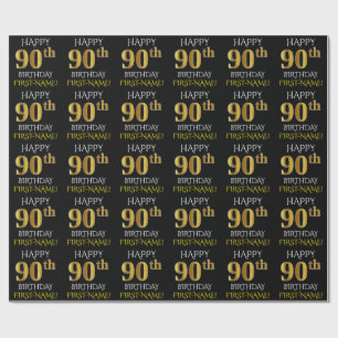 Zwart, Faux Gold "HAPPY 90th BIRTHDAY" Cadeaupapier