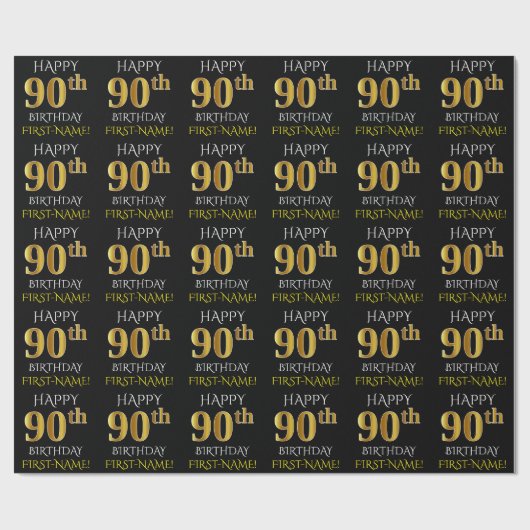 Zwart, Faux Gold "HAPPY 90th BIRTHDAY" Cadeaupapier (Vlak)