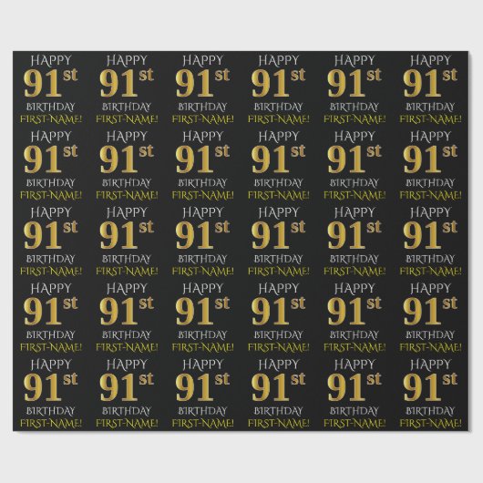 Zwart, Faux Gold "HAPPY 91st BIRTHDAY" Cadeaupapier (Vlak)