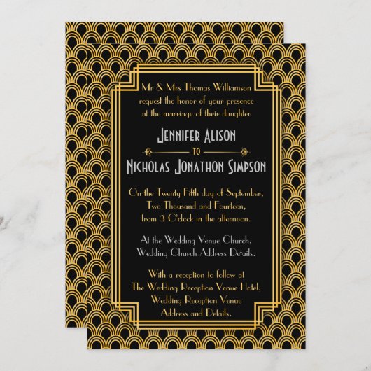 Zwart Faux Goud Art Deco Fans Patroon Bruiloft Kaart (Voorkant / Achterkant)
