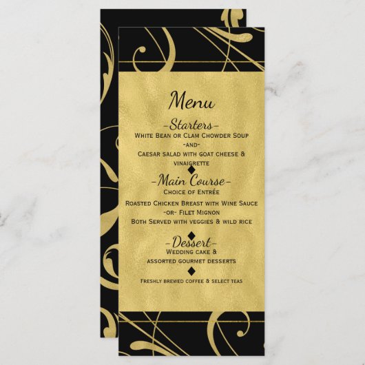 Zwart & Faux Goud Bloemen Swirl Chic Wedding Menu (Voorkant / Achterkant)