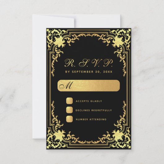  zwart faux gouden script elegante bruiloft RSVP kaartje (Voorkant)