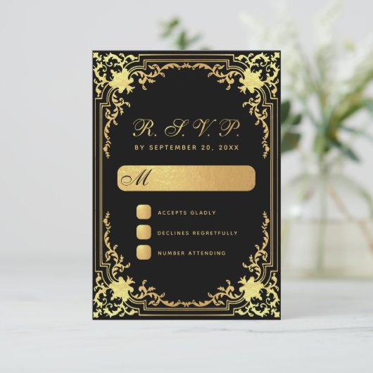  zwart faux gouden script elegante bruiloft RSVP kaartje (Staand voorkant)