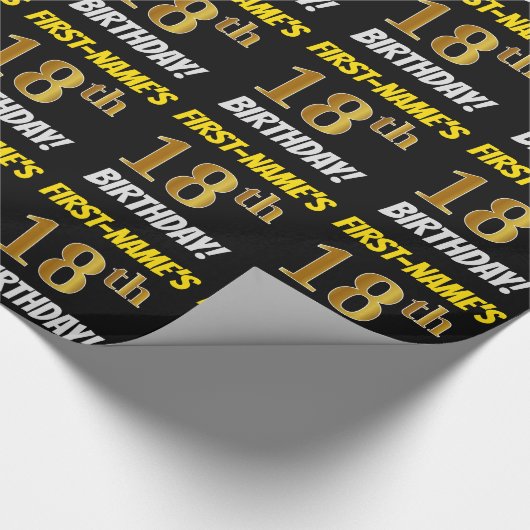 Zwart, Faux/Imitatie Goud, "18e VERJAARDAG" Cadeaupapier (Hoek)