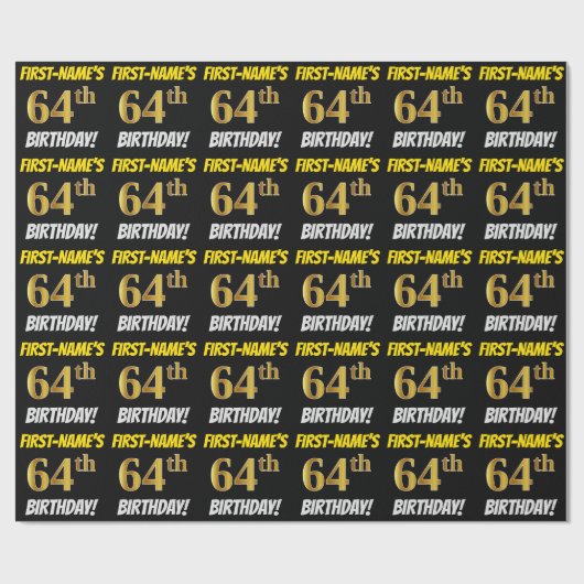 Zwart, Faux/Imitatie Goud, "64e VERJAARDAG" Cadeaupapier (Vlak)