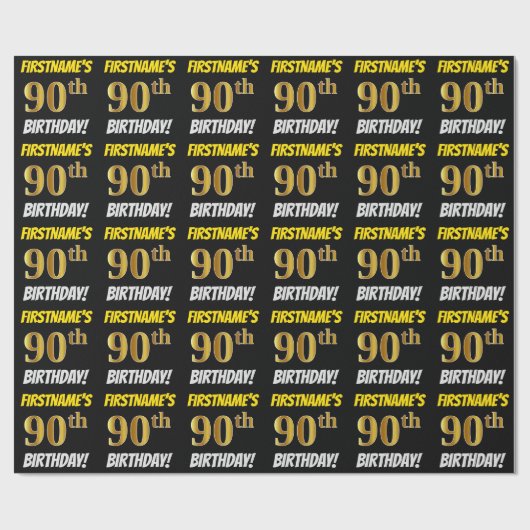 Zwart, Faux/Imitatie Goud, "90ste VERJAARDAG" Cadeaupapier (Vlak)