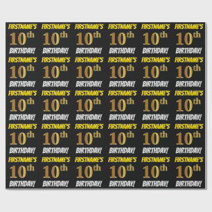 Zwart, Faux/Imitation Gold, "10th BIRTHDAY" Cadeaupapier
