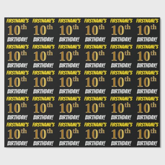 Zwart, Faux/Imitation Gold, "10th BIRTHDAY" Cadeaupapier (Vlak)
