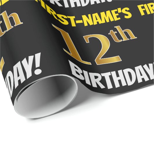 Zwart, Faux/Imitation Gold, "12th BIRTHDAY" Cadeaupapier (Rol Hoek)