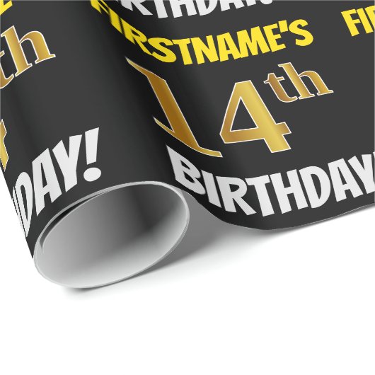 Zwart, Faux/Imitation Gold, "14th BIRTHDAY" Cadeaupapier (Rol Hoek)