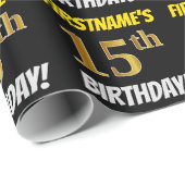 Zwart, Faux/Imitation Gold, "15th BIRTHDAY" Cadeaupapier (Rol Hoek)