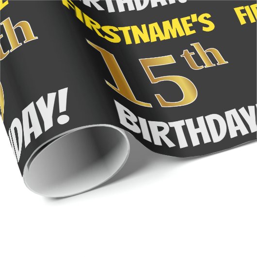 Zwart, Faux/Imitation Gold, "15th BIRTHDAY" Cadeaupapier (Rol Hoek)