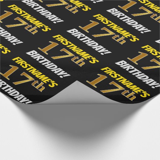 Zwart, Faux/Imitation Gold, "17th BIRTHDAY" Cadeaupapier (Hoek)