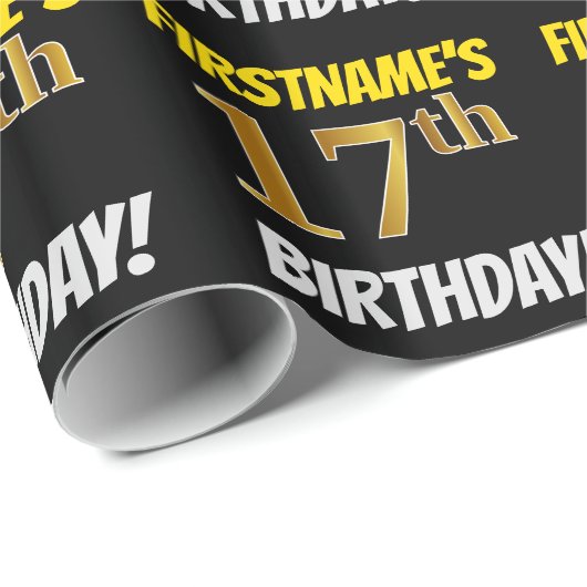 Zwart, Faux/Imitation Gold, "17th BIRTHDAY" Cadeaupapier (Rol Hoek)