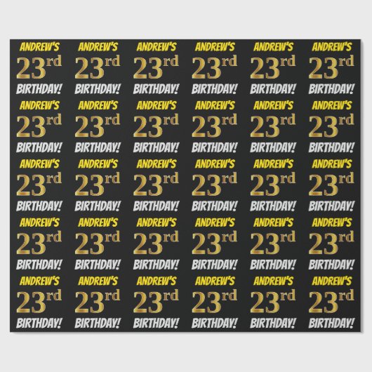 Zwart, Faux/Imitation Gold, "23rd BIRTHDAY" Cadeaupapier (Vlak)