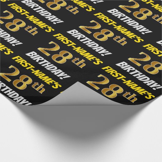 Zwart, Faux/Imitation Gold, "28th BIRTHDAY" Cadeaupapier (Hoek)